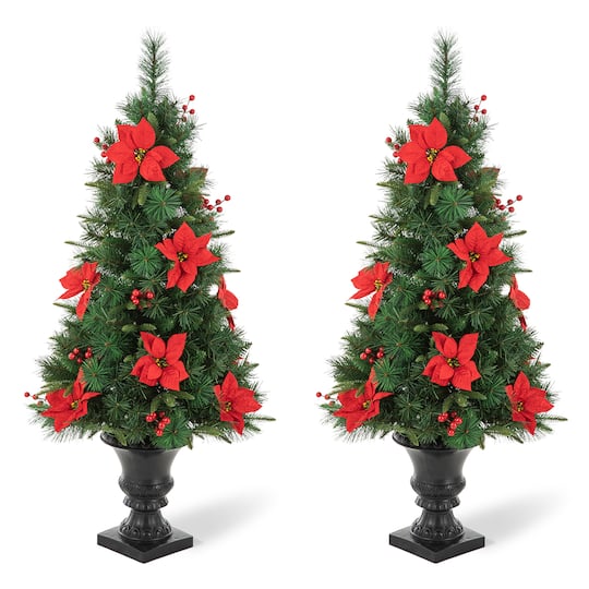 2 Pack 4ft. Pre-Lit Pine Artificial Christmas Porch Tree, Warm White LED Lights